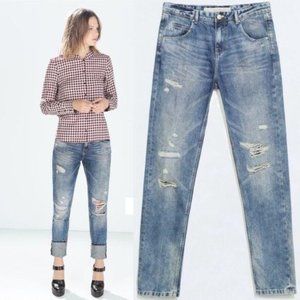Zara Boyfriend Distressed Ripped Broken In Rolled